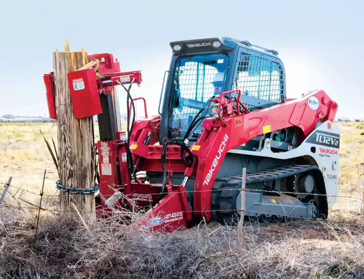 RCEC uses Takeuchi compact track loaders, including its TL12V2, to pull old power poles during replacement.